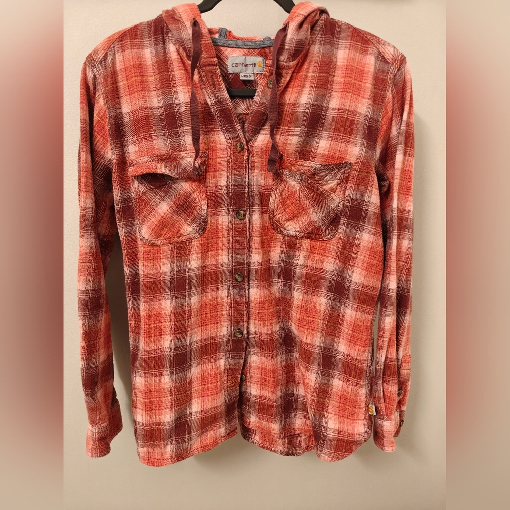Carhartt Women's Relaxed Fit Redwood Flannel Hooded Plaid Button Down LS M 8/10